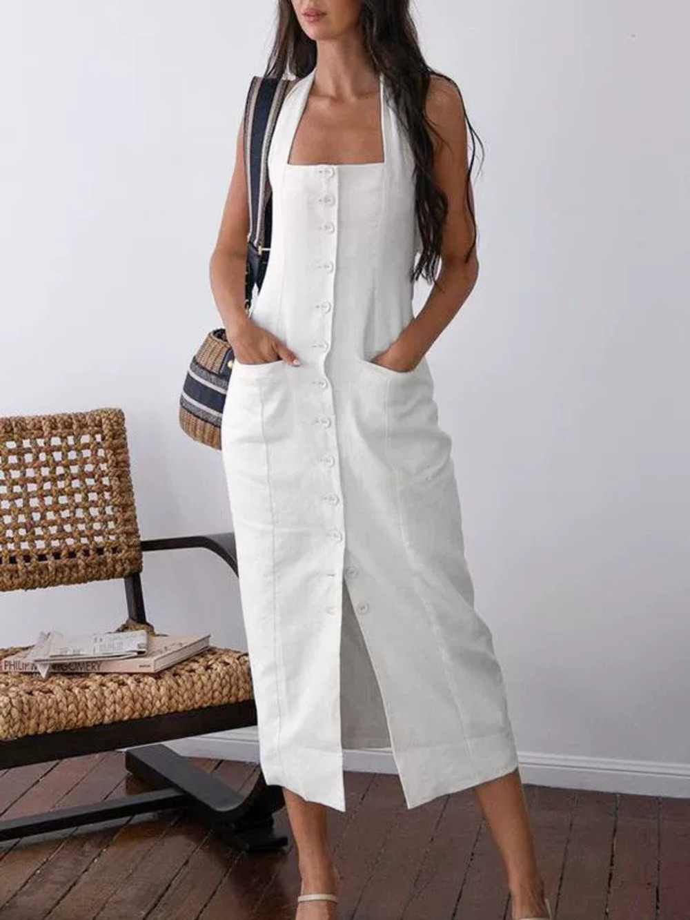 Zara Summer Vacation Halter Backless Dress Pure Cotton Slim Fit Long